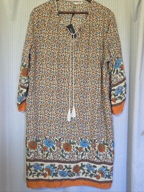 In'Voland Size 18 W Boho Tunic Dress Orange Blue Floral Tassel Peasant Beachy